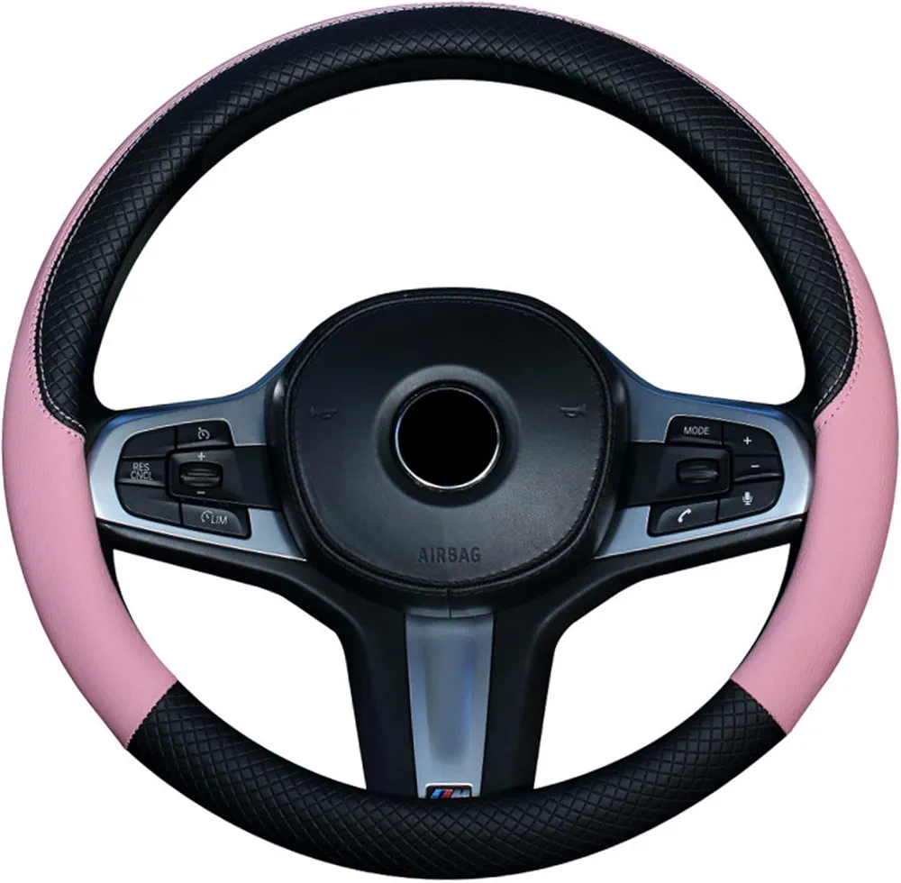 Fundas para volante de coche de 37 a 38 cm, piel sintética, transpirable, antideslizante, accesorios interiores para coche (rosa)