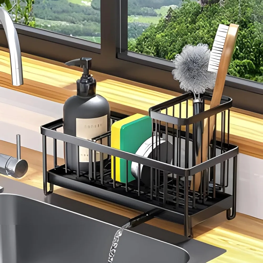 PRZRAO Organizador de Fregadero para Almacenamiento en Cocina y baño, Soporte Esponjas Fregadero de Cocina, Soporte Fregadero Acero Inoxidable con Bandeja de Goteo Extraíble y Drenaje para Encimera