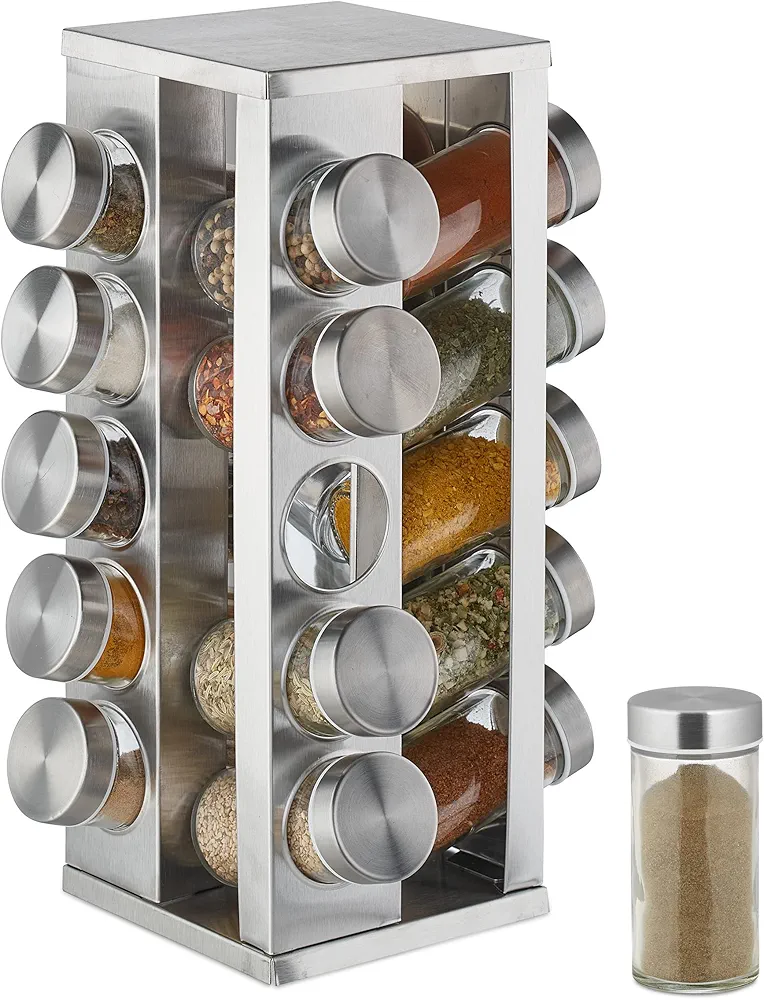 Relaxdays Especiero Giratorio con 20 Botes Cristal, Prisma Organizador Especias, Acero Inox., Giro 360º, 33x20 cm, Plata