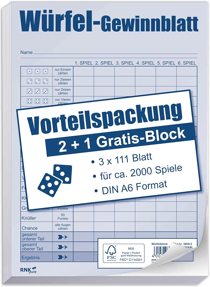 RNKVERLAG 5808-3 - Paquete de ventaja de juego de dados DIN A6, 3 bloques, 111 hojas cada uno para aprox. 2000 juegos