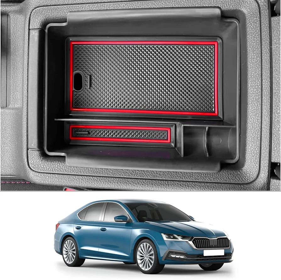 CDEFG Compatible con Skoda Octavia 4 2020-2024 Caja de almacenamiento, Consola Central Apoyabrazos Caja del coche Interior, Con Tapete Antideslizante Accesorios del Coche