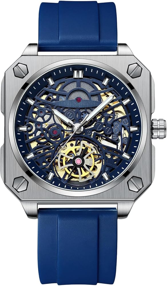 RORIOS Relojes de Pulsera para Hombres Automático Mecánico Reloj Minimalista Esqueleto Reloj Casual Impermeable con Correa de Acero Inoxidable