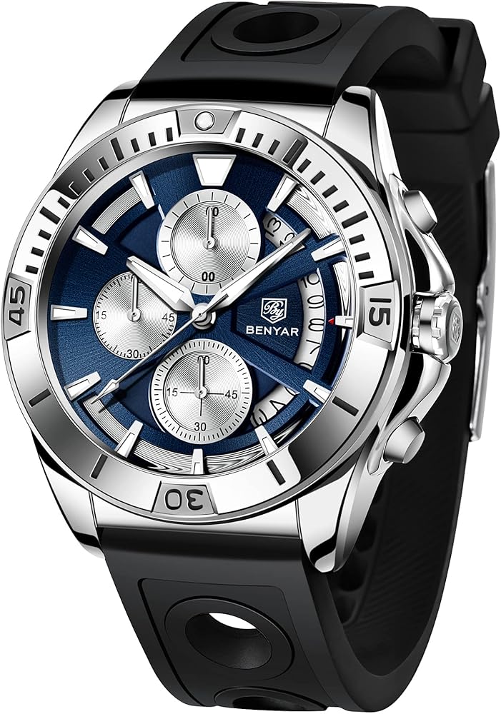 BENYAR Reloj para Hombre Cronógrafo Reloj de Cuarzo analógico de Acero Inoxidable 30M Reloj Impermeable antirrayas Fecha Plateada Reloj de Moda de Negocios Reloj de Pulsera clásico Reloj cómodo