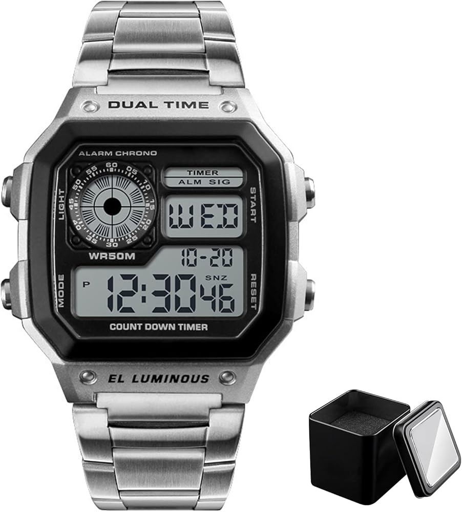 Nicoone Relojes para hombres, reloj digital de moda correa de acero inoxidable resistente al agua elegante reloj de pulsera de negocios con caja