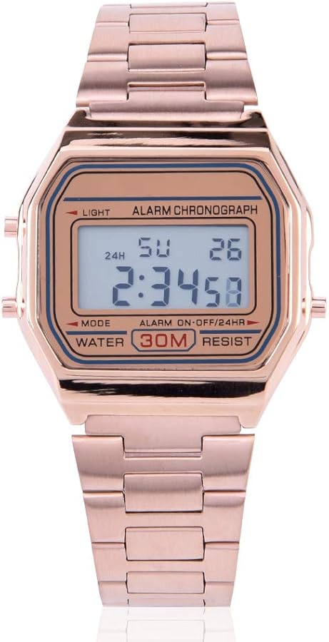 Reloj Digital Clásico para Hombre de 3 Colores, Reloj Electrónico con Correa de Acero Inoxidable con Luz Trasera LED, Relojes Deportivos Multifunción(Oro rosa)