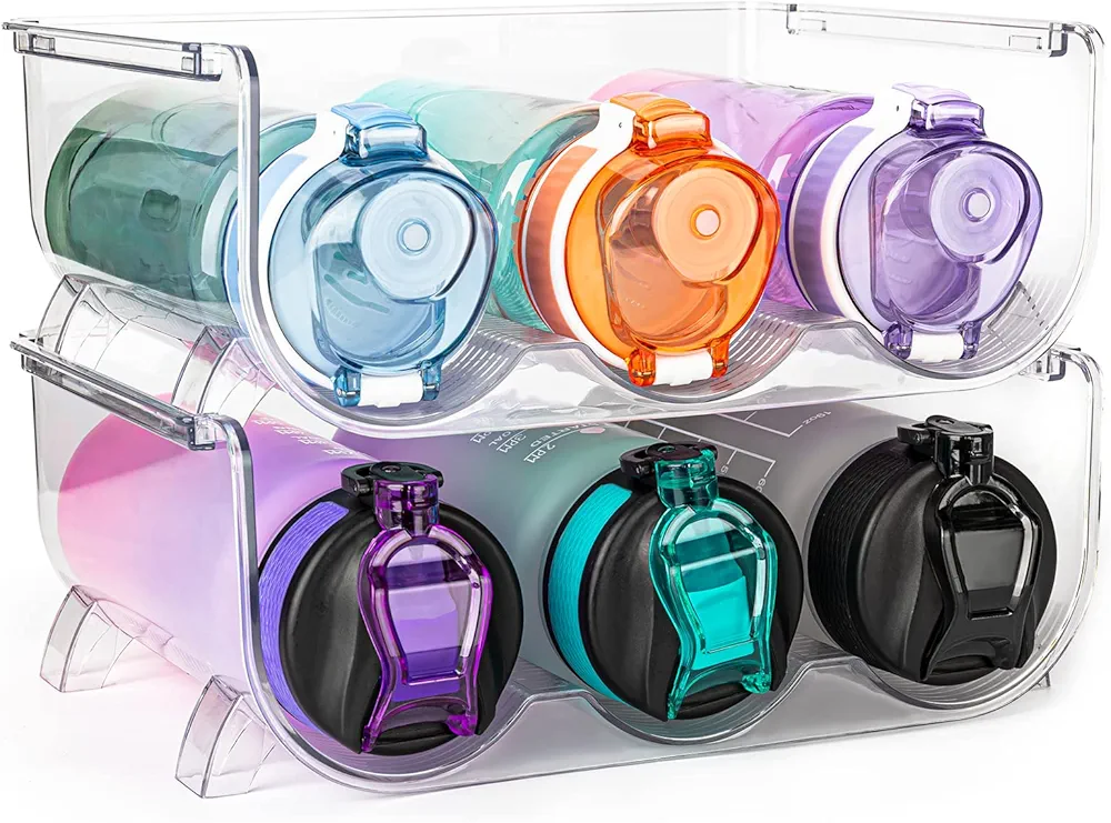 GOKEDA Paquete de 2 organizadores de botellas de agua, soporte para botellas de agua, apilable, portátil para un almacenamiento eficiente para armarios de cocina, encimera, refrigerador, despensa,
