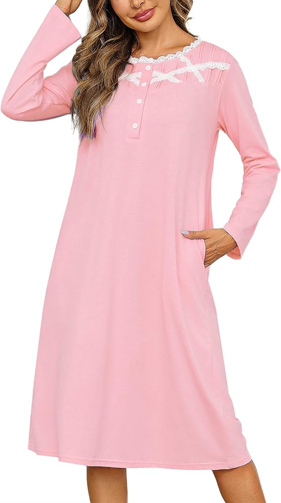 Migcaput Camisón Mujer Ropa de Dormir con Botones Delanteros Camisón de Manga Larga para Mujer con Cuello en Encaje Camisón De Invierno Largo con Bolsillo