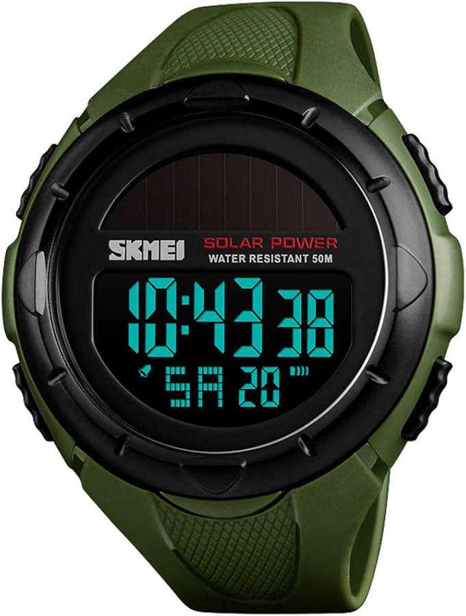 SKMEI - Reloj deportivo digital solar para hombre, resistente al agua hasta 50 m, esfera grande negra con cronómetro, alarma, resistente a los golpes, LED