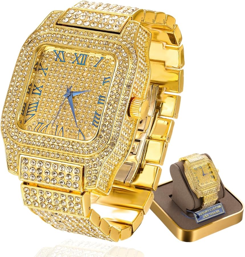 Halukakah Diamante Moissanita Reloj de Oro para Hombre - Chapado en Oro Blanco Real 18k/Platino,Esfera Cuadrada Números Romanos,200G Hecho Pesado,3 Lados Iced out,Pulsera 24cm -Caja de Regalo Incluida