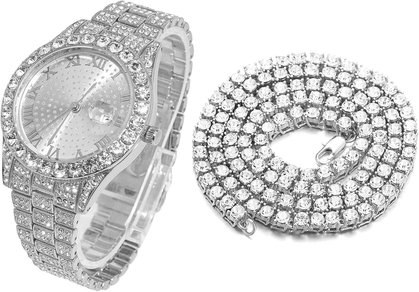 HALUKAKAH Diamante Reloj de Oro Iced out,Hombre Chapado en Oro Real de 18k/Platino Oro Blanco Cuarzo Pulsera 24cm Esfera Redonda,con Cadena de Tenis Collar Pulsera Opciones,Viene con Caja de Regalo