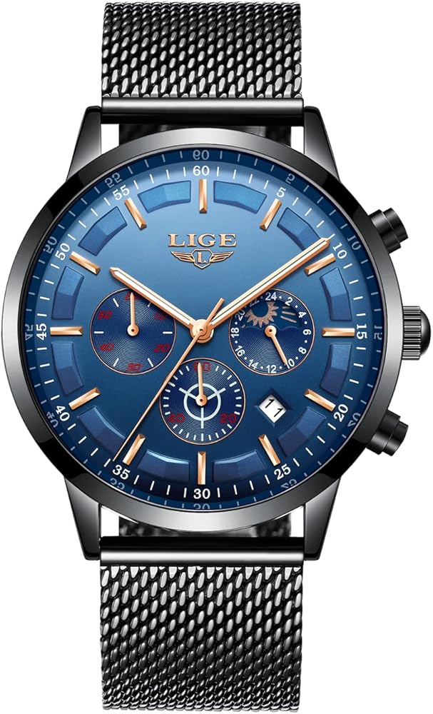 LIGE Relojes para Hombre Deportivos Cronógrafo Impermeable Relojes de Malla de Acero Inoxidable Vestido de Negocios con Fase Lunar Reloj de Pulsera de Cuarzo Analógico