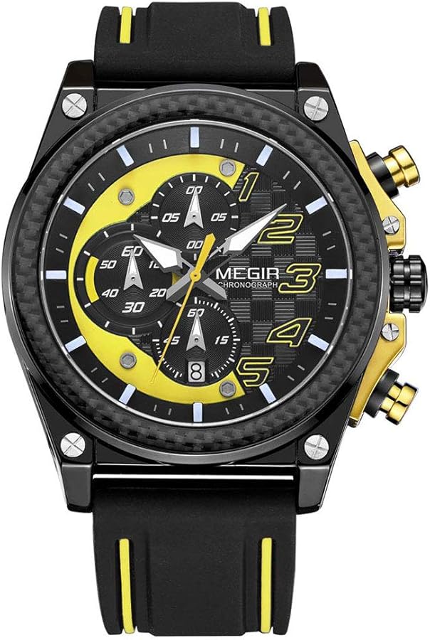 Megir - Reloj de pulsera para hombre con correa de silicona negra y amarilla, cronógrafo, calendario, resistente al agua, Pulsera