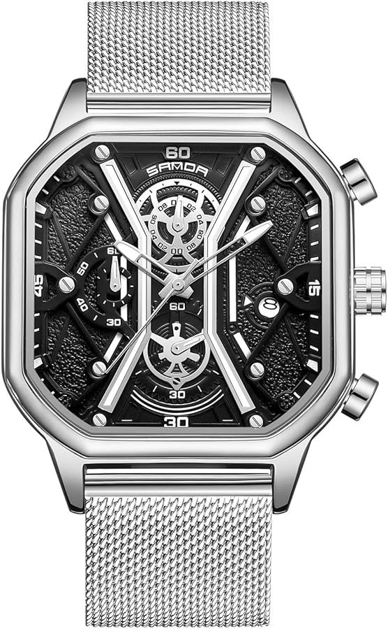 RORIOS Relojes Cuarzo para Hombre Reloj de Pulsera Negocios Acero Inoxidable Reloj Multifuncional Cronógrafo Reloj Luminoso Analógico Reloj Cuadrado Moda