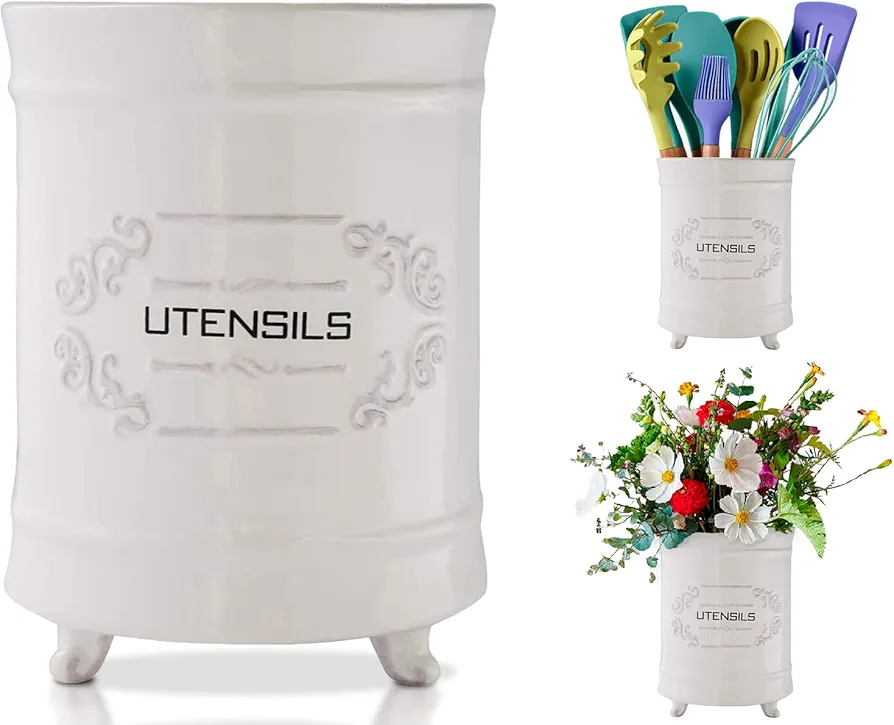 Porta utensilios de cerámica francesa - Cesta de utensilios de cocina de estilo vintage - Organizador de utensilios de cocina de diseño antiguo - Utensilios de campo para cocinar Enthuziast - blanco