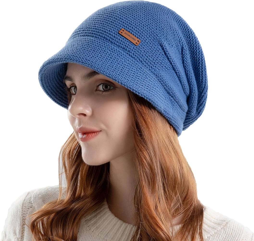 Gorro de Invierno para Mujeres con ala, Gorro Tejido Slouchy para Chicas, Gorra de Lana Forrada de Polar con Visera, Gorros de Moda de Colores Variados para Climas Fríos