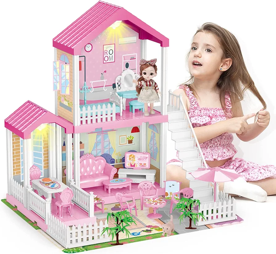 deAO Casa de Muñecas con Luces y muñeca, Casa 3 Pisos Casa Amueblada para Muñecas de Juguete, Casa de Ensueño Casita Muñeca Jueguetes Incluye muñeca Rubia y Accesorios Juguete para Niños 3 años +