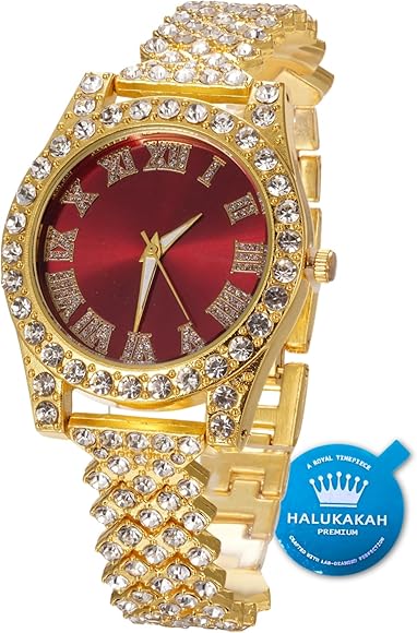 HALUKAKAH Diamonds Gold Watch Iced out, Kid's 18K Real Gold/Platinum White Gold Plated 36MM Width Green/Blue/Red Dial Quartz Wristband 20cm with Cuban Link Chain Necklace Bracelet, with Giftbox
