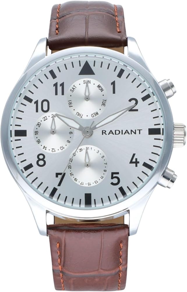Radiant - Colección Caiman - Reloj analógico. Reloj de Pulsera para Hombre. Reloj de Brazalete con Esfera Plateada y Correa de Color Marrón de Piel Sintética. Tamaño 43mm. 5ATM.