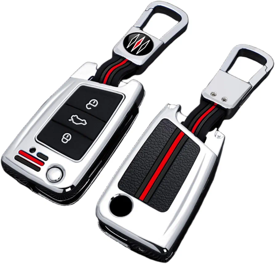 Otai Cubierta de Llave de Coche de Aleación de zinc Caso apto para v-w Golf 7 GTI Mk3 Mk7 Touran Skoda Octavia Voltear carcasa de llave 3 Botones (Color Plata)