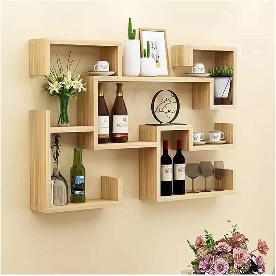 TELAIUS Botellero de Madera rústica montado en la Pared con estantes flotantes para Bar y Cocina del hogar.