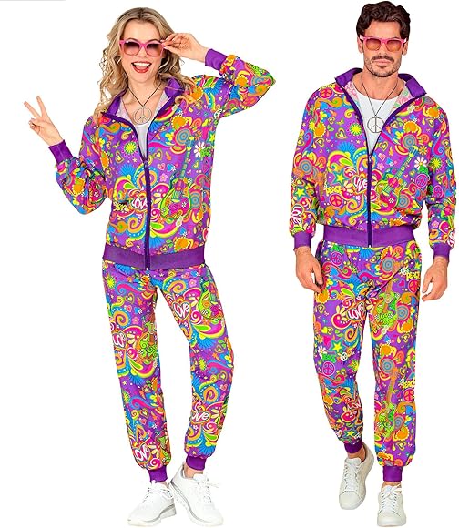Widmann W Chándal, Flower Power Hippie, Neón, Estampado de flores, Traje años 80, Traje de jogging, Traje de mal gusto, Disfraces de carnaval
