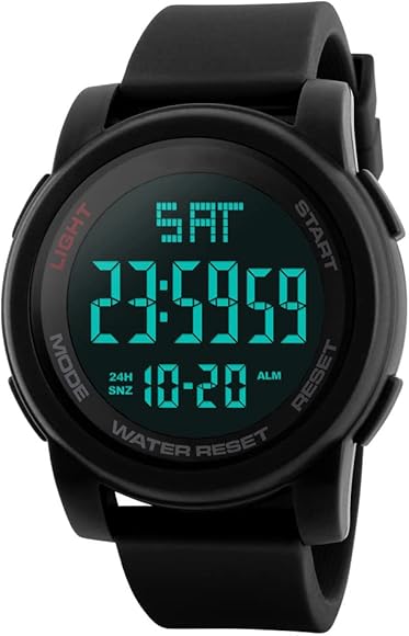 FeiWen Grande Número Digitales Deportivo Relojes de Hombre Outdoor Militar 50M Impermeable LED Electrónica Multifuncional Plástico Bisel con Goma Correa Reloj de Pulsera, Negro