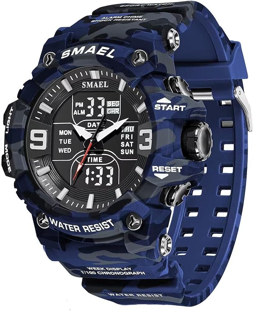 SMAEL Relojes militares para hombre, reloj deportivo al aire libre, impermeable, LED, alarma, fecha, analógico, reloj de pulsera para hombre, Azul Camuflaje, Large Face, Contemporáneo