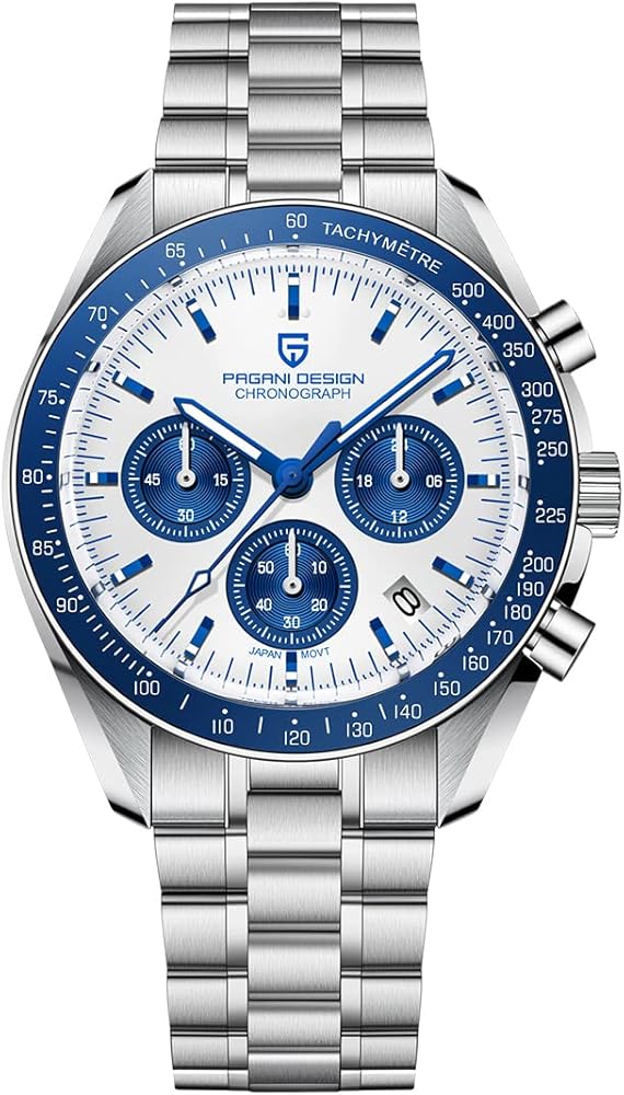 Pagani Design Reloj de pulsera de cuarzo para hombre, cronógrafo, resistente al agua, para hombre, pulsera de acero inoxidable, fecha automática, zafiro