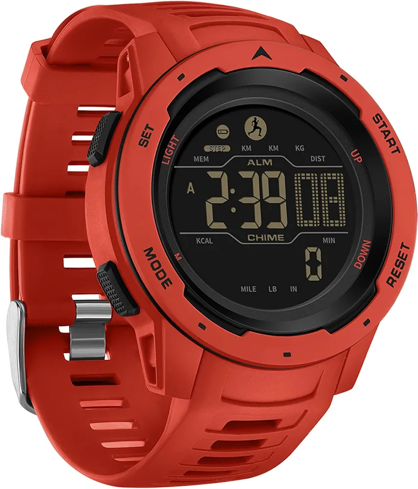 findtime Reloj de pulsera con podómetro, color rojo, con calorías, 5 ATM, resistente al agua, temporizador, cronómetro, reloj de fitness para hombre, reloj táctico militar, doble zona horaria, deporte