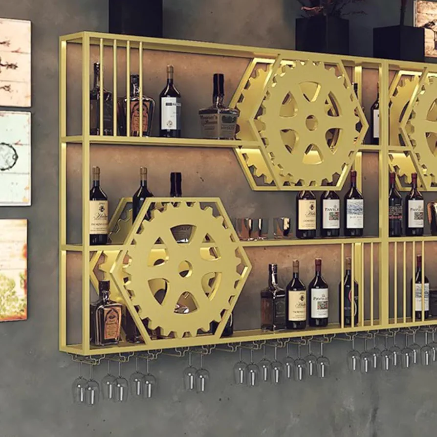 Soporte para botellas de metal industrial, estantes bar con luz LED, estante flotante grande metal 3 niveles para exhibición licores con soporte para tazas copas vino para bares cocinas hogar(Gold,100