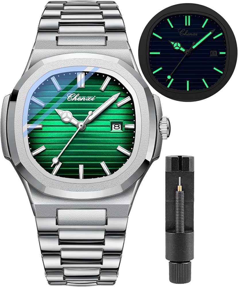 Gosasa Reloj de pulsera masculino de acero inoxidable de lujo de cuarzo luminoso impermeable con pantalla analógica para hombre, Verde, Moda