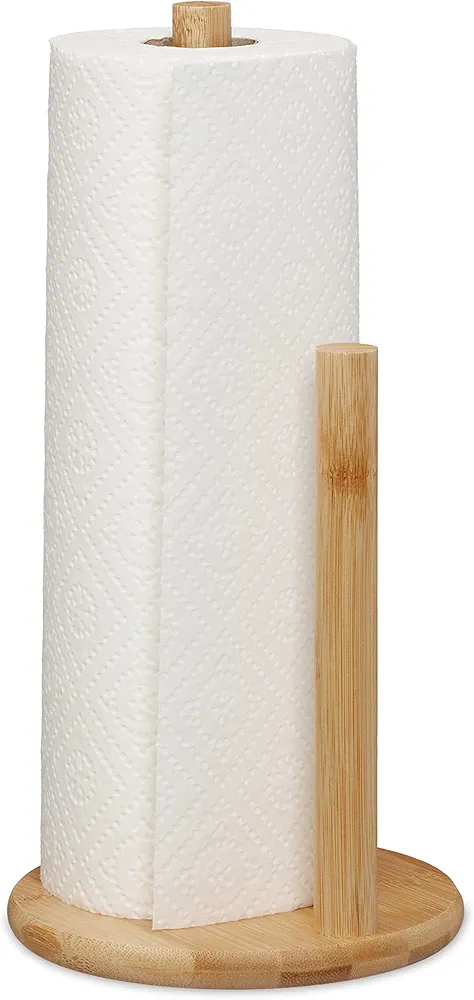 Relaxdays Portarrollos Cocina Vertical, Bambú, Soporte Rollos con Tope, 28 x 14,5 cm, Sujetarrollos Redondo, Natural