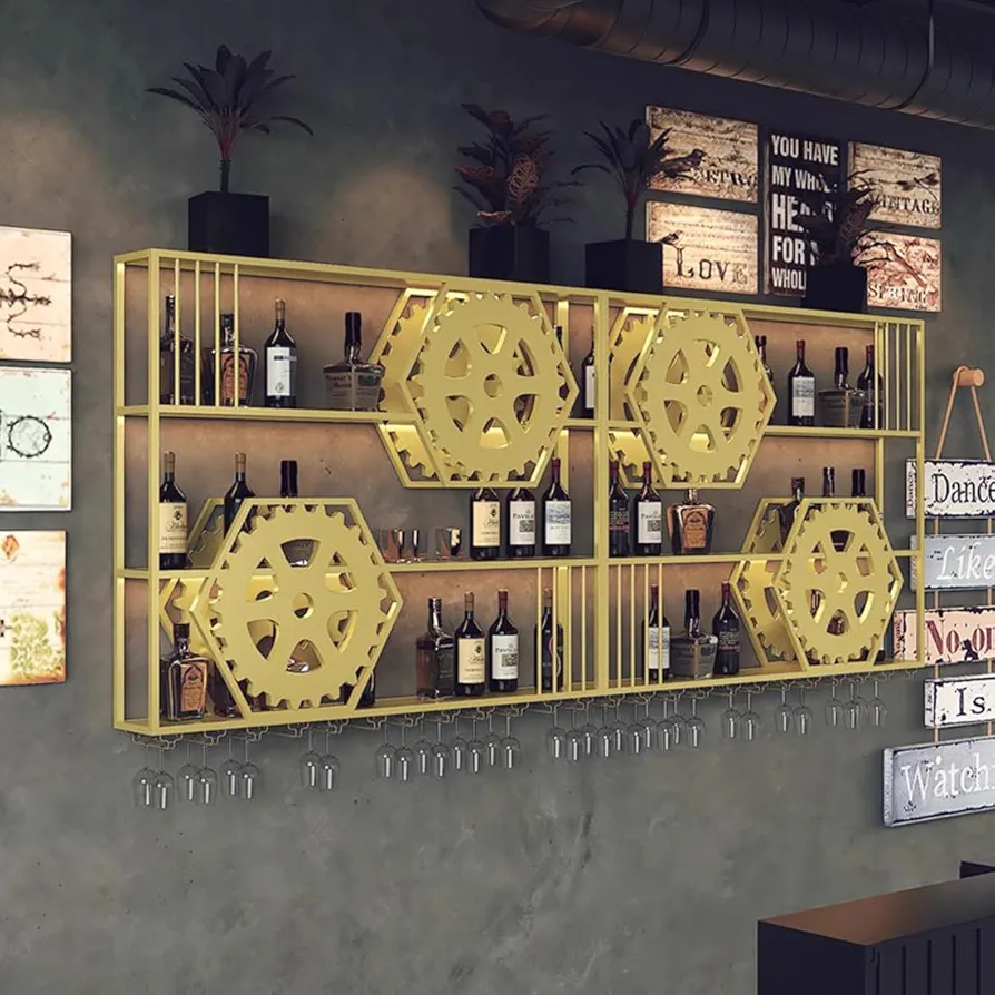 Soporte para botellas de metal industrial, estantes bar con luz LED, estante flotante grande metal 3 niveles para exhibición licores con soporte para tazas copas vino para bares cocinas hogar(Gold,250