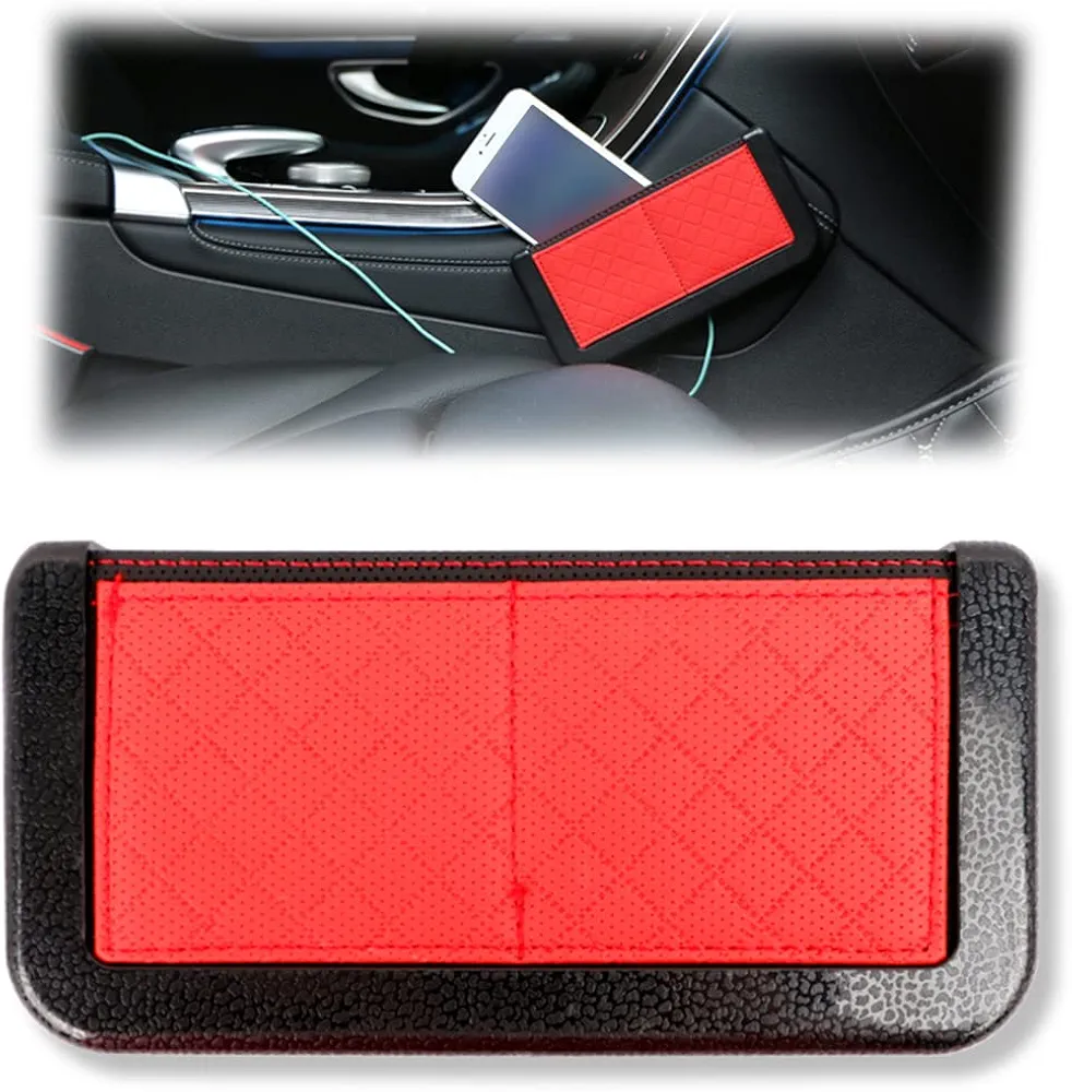 JNNJ Caja de Almacenamiento Autoadhesiva para Coche, Bolsillo de Cuero de Teléfonos de Asiento de Automóvil, Universal Multifunción Organizador de Bolsillo Lateral para Asiento de Coche(Rojo)