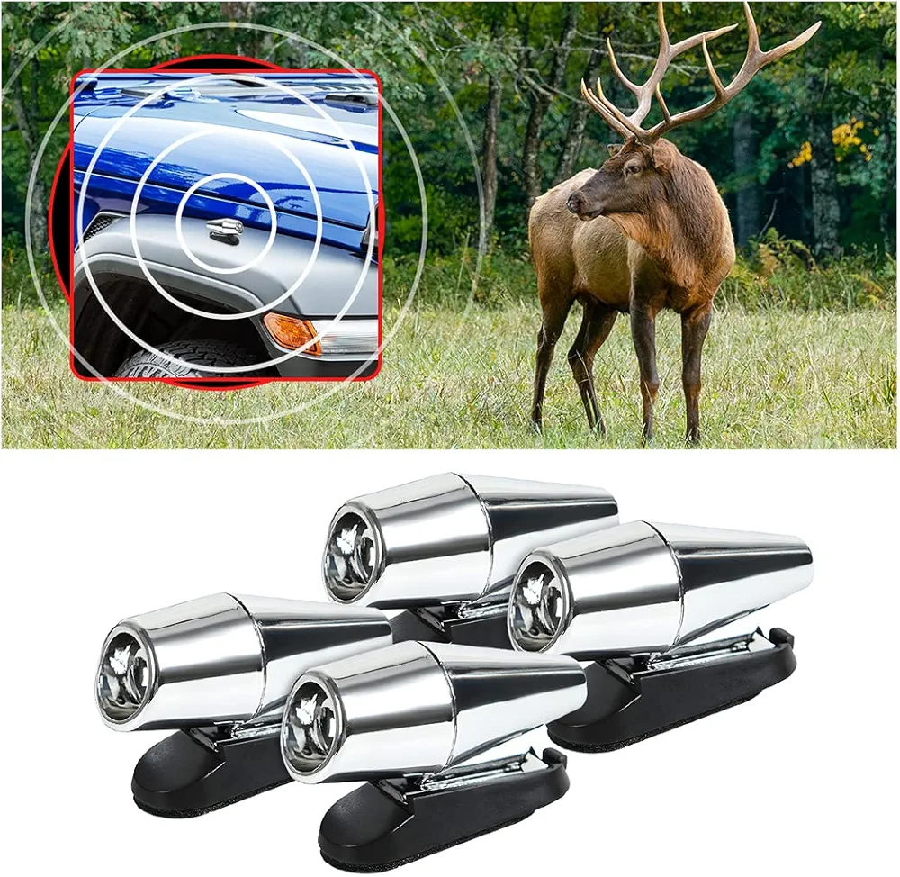 JNNJ 4Pcs Silbato Ultrasónico de Alerta de Ciervos, Alarmas de Fauna Salvaje, Ahuyentador de Jabalíes, Conducción Forestal Anti-Colisión Con Animales para Coches Motos Camiones(Plata)