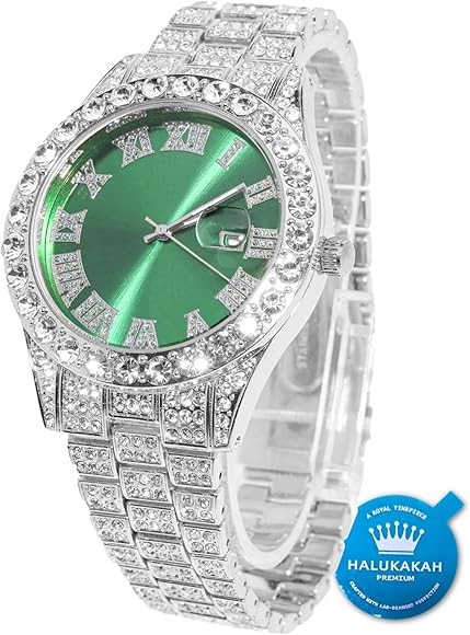 HALUKAKAH Diamante Reloj Oro, Hombres Chapado Oro Real 18K/Oro Blanco Platino 42MM Ancho Esfera Verde/Azul/Rojo Cuarzo Pulsera 24cm con Enlace Cubano Cadena 20+45cm Collar Pulsera, con Caja de Regalo