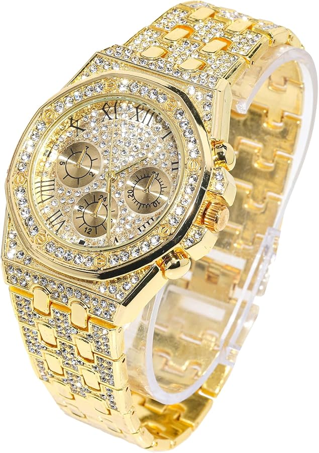 HALUKAKAH Diamante Reloj de Oro Iced out,Hombre Chapado en Oro Real de 18k/Platino Oro Blanco 20mm Ancho Cuarzo Pulsera 22cm,con Cadena de Tenis Collar Pulsera Opciones,Viene con Caja de Regalo