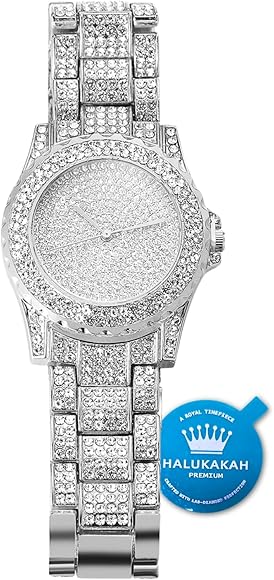 HALUKAKAH Reloj de Oro Hombres Iced out,Platino Plateado en Oro Blanco Pulsera de Cuarzo 8.7"(22cm),Cz Completo Diamante de Laboratorios,Gratis Caja de Regalo