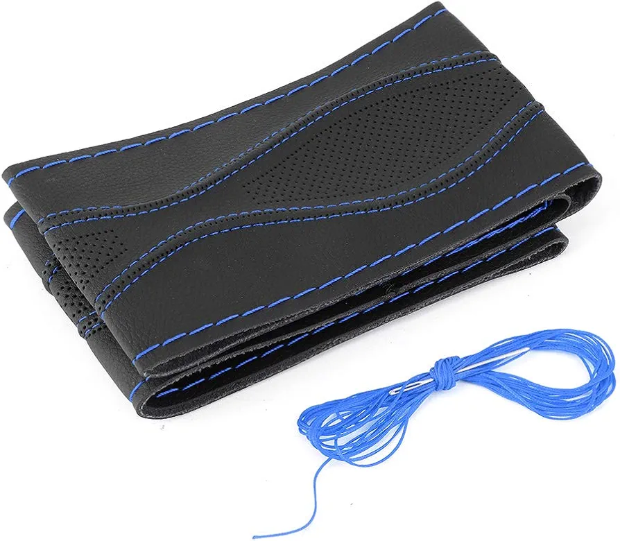 Outbit Funda para Volante - 38 cm/15 Pulgadas Funda Envolvente para Volante de Cuero Costura a Mano Gofrado con Aguja e Hilo Universal(Azul Negro)