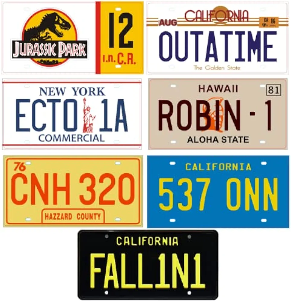 OPO 10 - Lote de 7 réplicas de matrículas de automóviles de películas y Series Famosas (Magnum, Starsky, Jurassic, Ghostbusters, Retour TO The Future, Lucifer, Sheriff ...) PF20