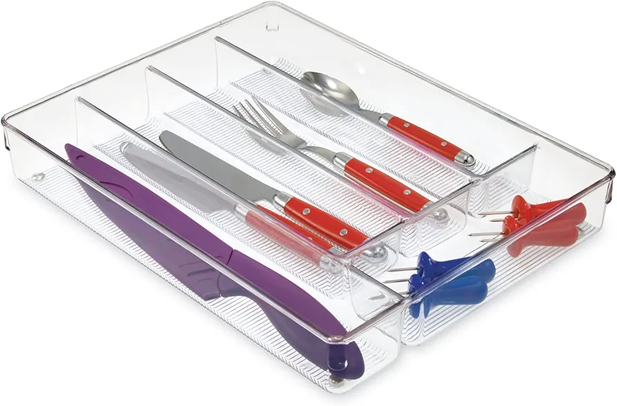 iDesign Linus Caja para cubiertos, cubertero para cajones fabricado en plástico con 5 divisiones, transparente