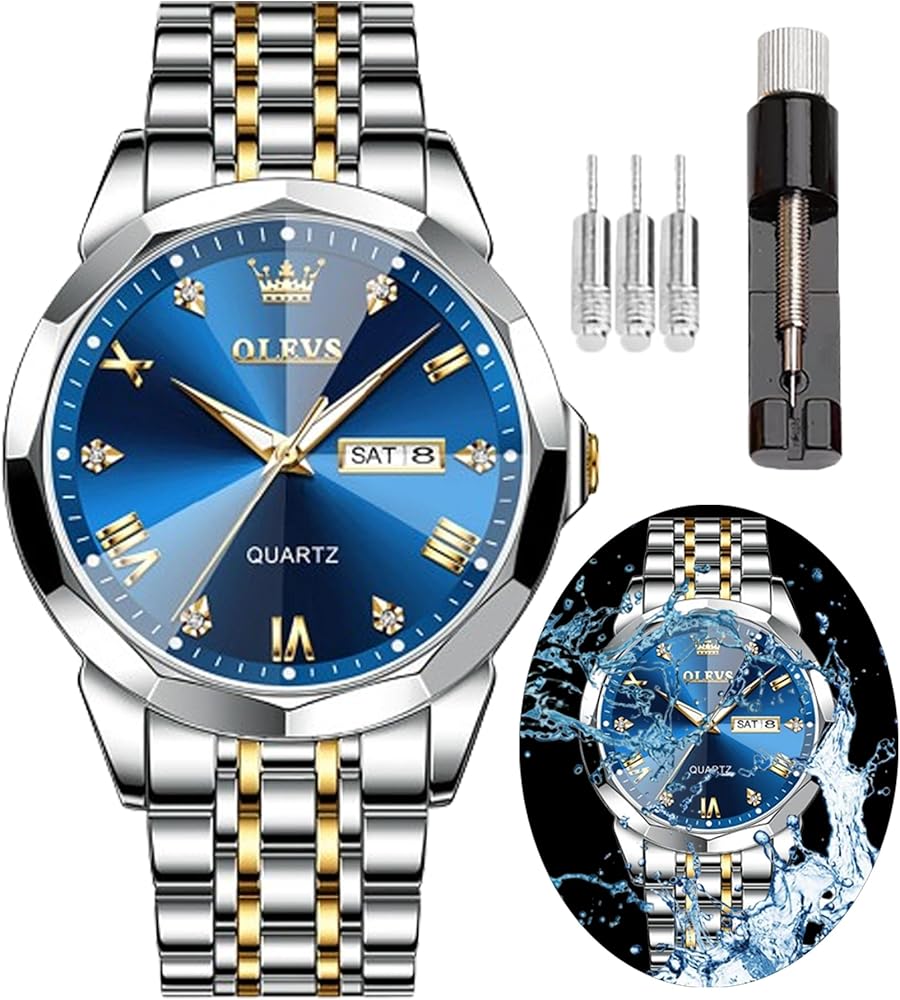 OLEVS Watch for Men Quartz Stainless Steel Waterproof Luminous Date Two Tone Casual Wrist Watch