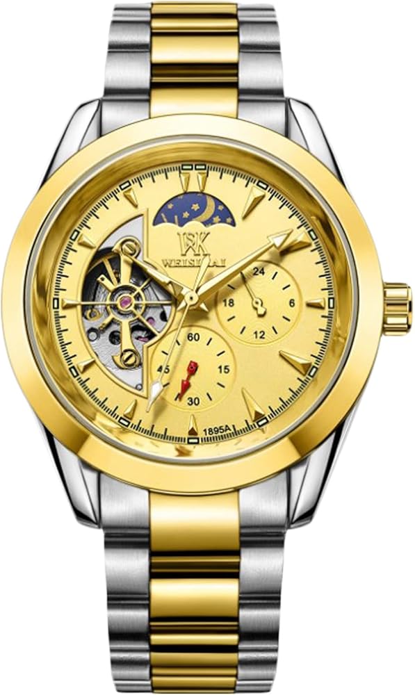 RORIOS Moda Relojes Luminoso Reloj Hombre Mecánico Automático Relojes con Correa de Acero Inoxidable Clásico Esqueleto Reloj de Pulsera