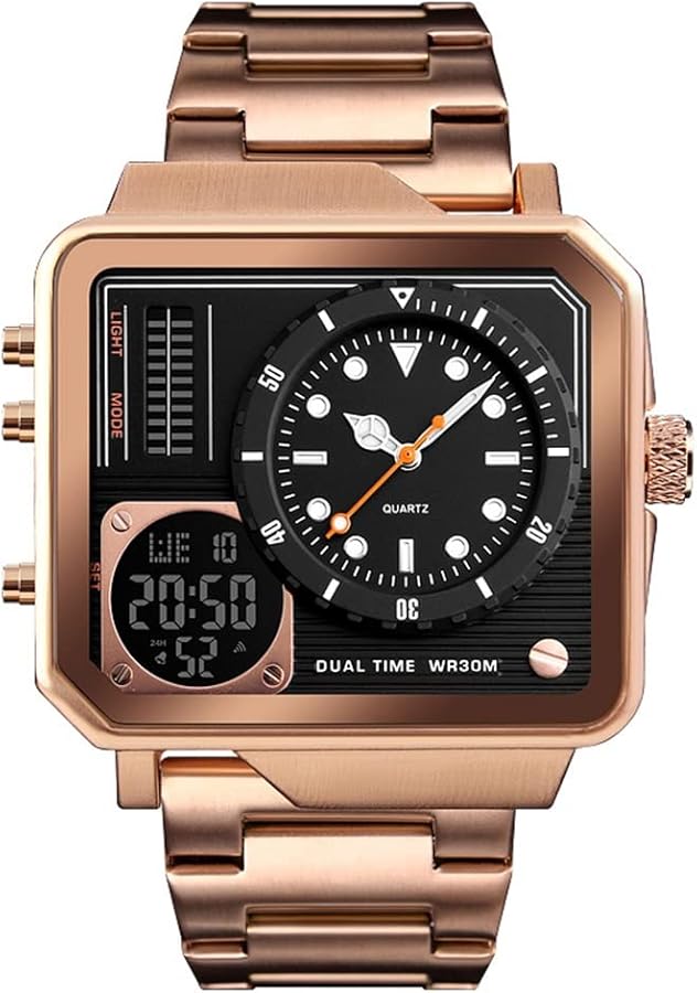 FeiWen Hombre Deportivo Digitales Relojes LED Cuarzo Analógico Doble Tiempo Multifuncional Electrónica Cronógrafo Alarma Acero Inoxidable Casual Reloj de Pulsera
