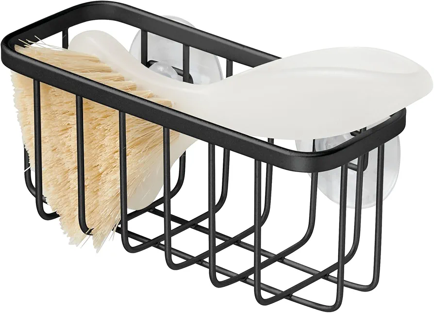 iDesign Gia Estropajero, repisa de cocina de metal con recubrimiento inoxidable para esponjas y estropajos, negro mate