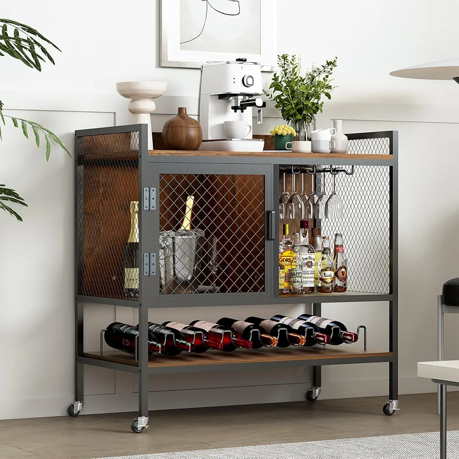DAWNYIELD Armario para Vino, aparador, Mesa de Bar de 3 Niveles con Ruedas, Estante para Vino, Soportes para Copas, Puerta de Malla, Armario de Almacenamiento de Cocina Industrial (Vintage)