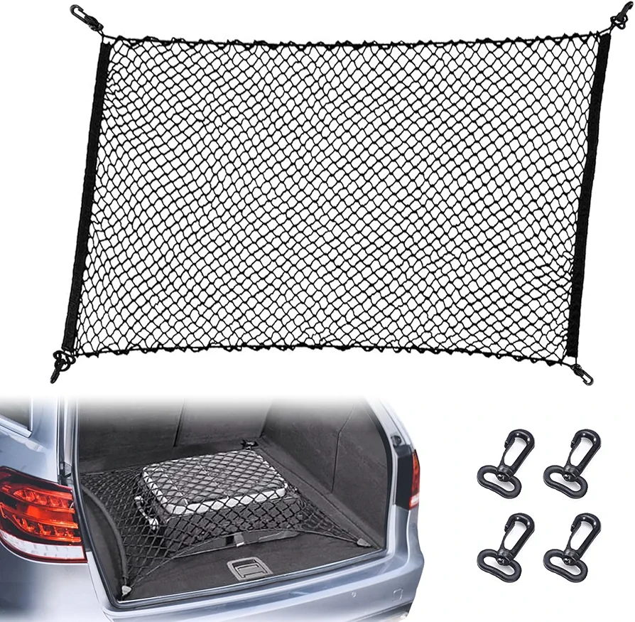 Red Maletero de Coche 105x90cm, Malla Coche Elástica con 4 Ganchos, Almacenamiento y Organizador Accesorios (Negro)