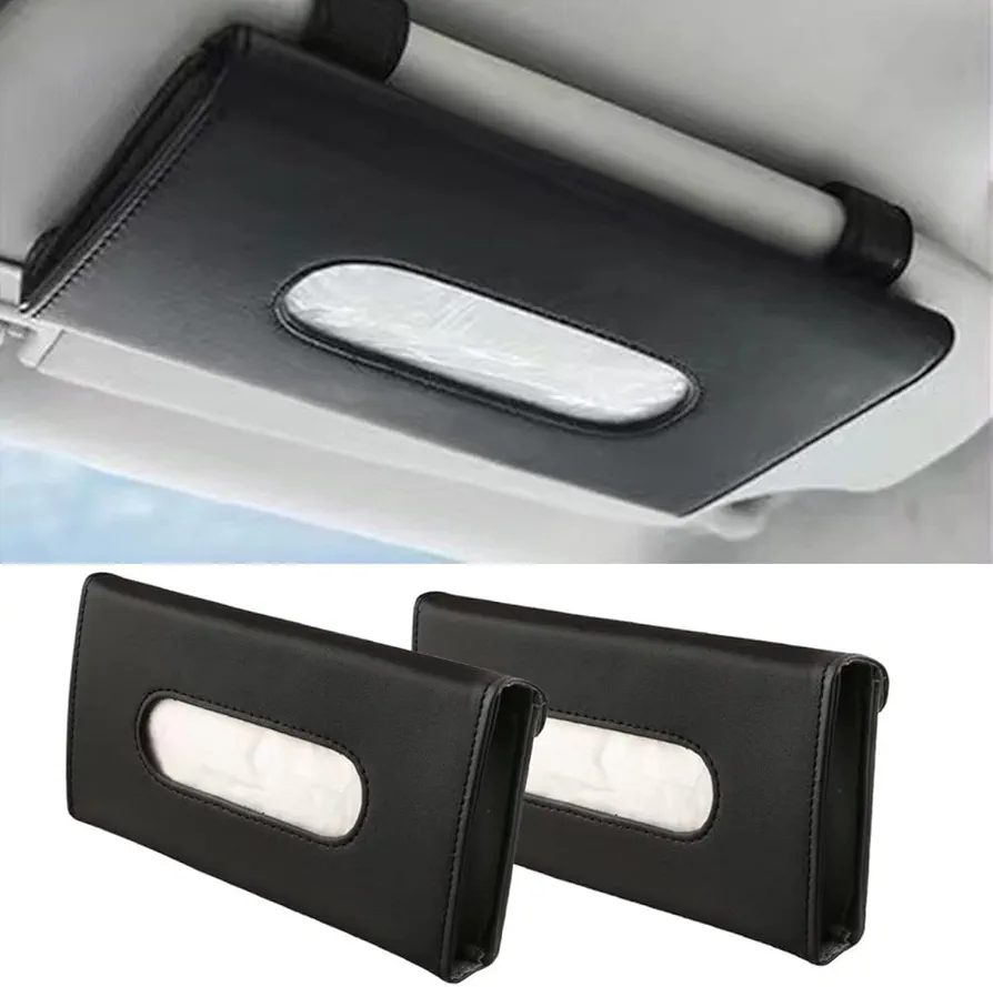 Porta Pañuelos de Coche, Porta Pañuelos de Visera de Coche, Servilletero de Coche, Visera de Coche Y Accesorios de Asiento Trasero Caja de Cuero PU Pañuelos de Papel, Paquete de 2, Negro