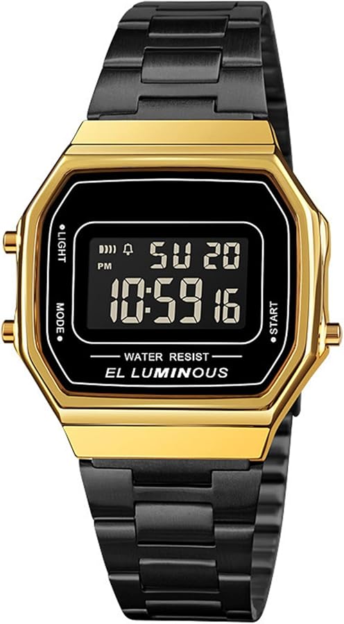Nicoone Reloj digital casual para hombre con correa de acero inoxidable, retroiluminado LED, clásico, impermeable, elegante reloj de pulsera para hombre, Oro y negro, pulsera