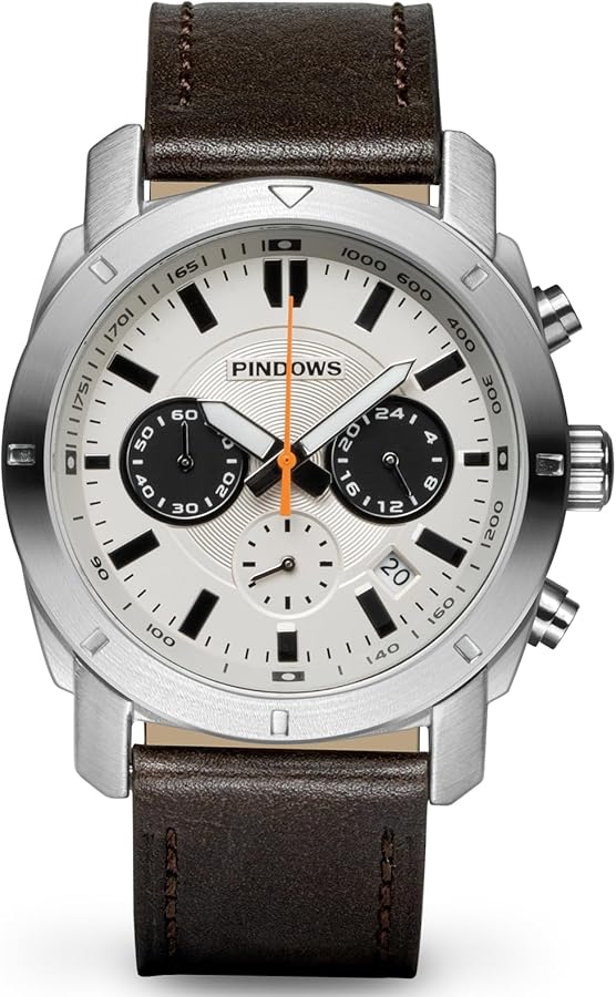 PINDOWS Reloj de Pulsera para Hombre, cronógrafo Grande, Reloj de Cuarzo de Moda con Correa de Acero Inoxidable o Piel.